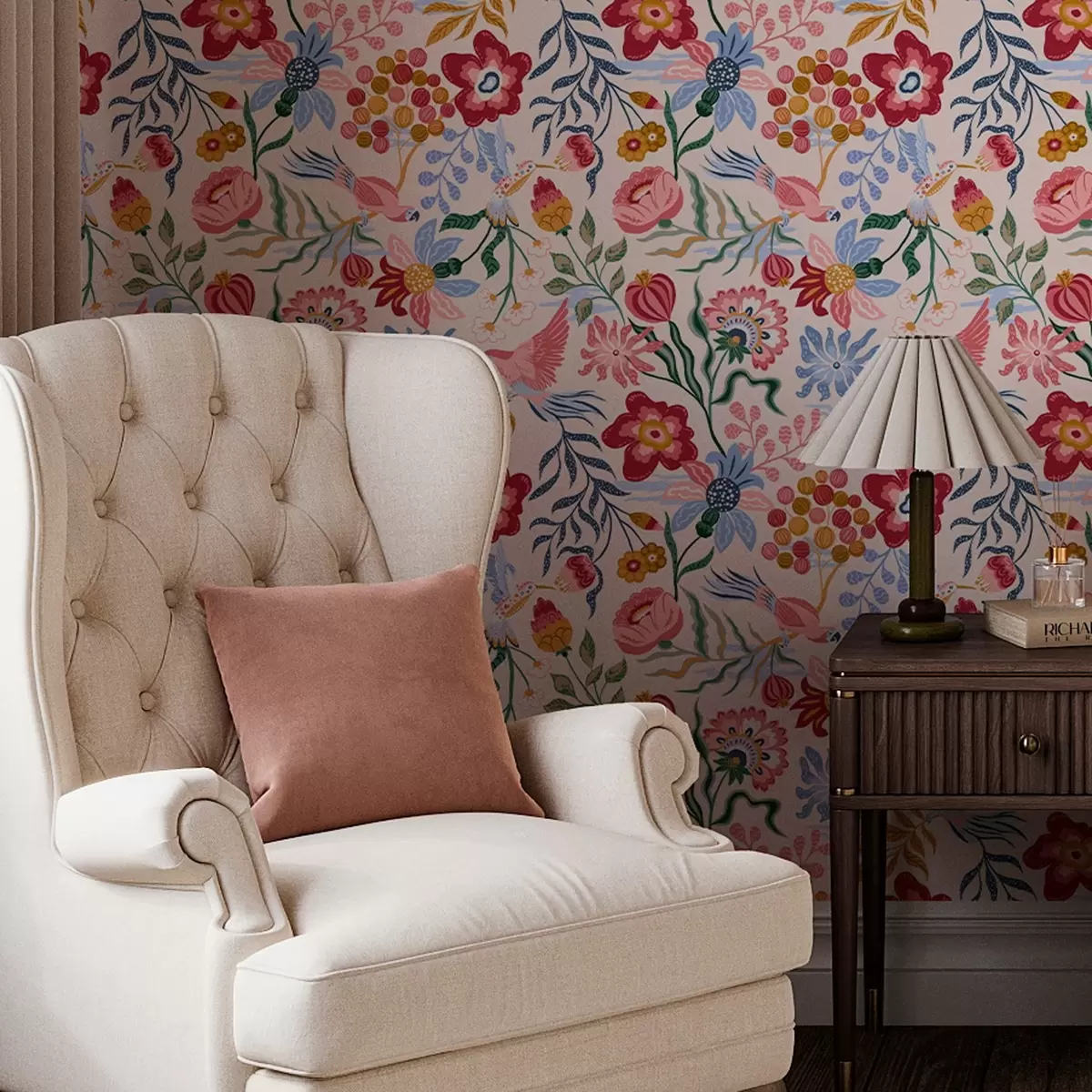 Bakgrund Komposition med ljusa blommor och bär med papegojor a00046