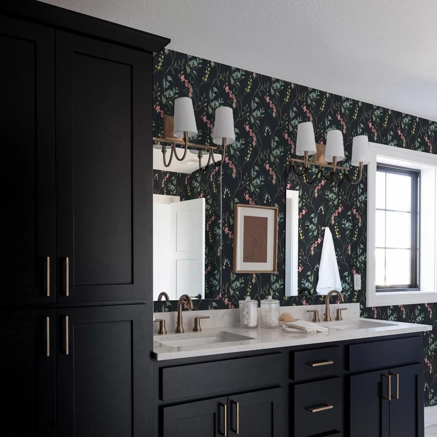 Fototapet Blommor, blad och stjälkar på mörk bakgrund a00047