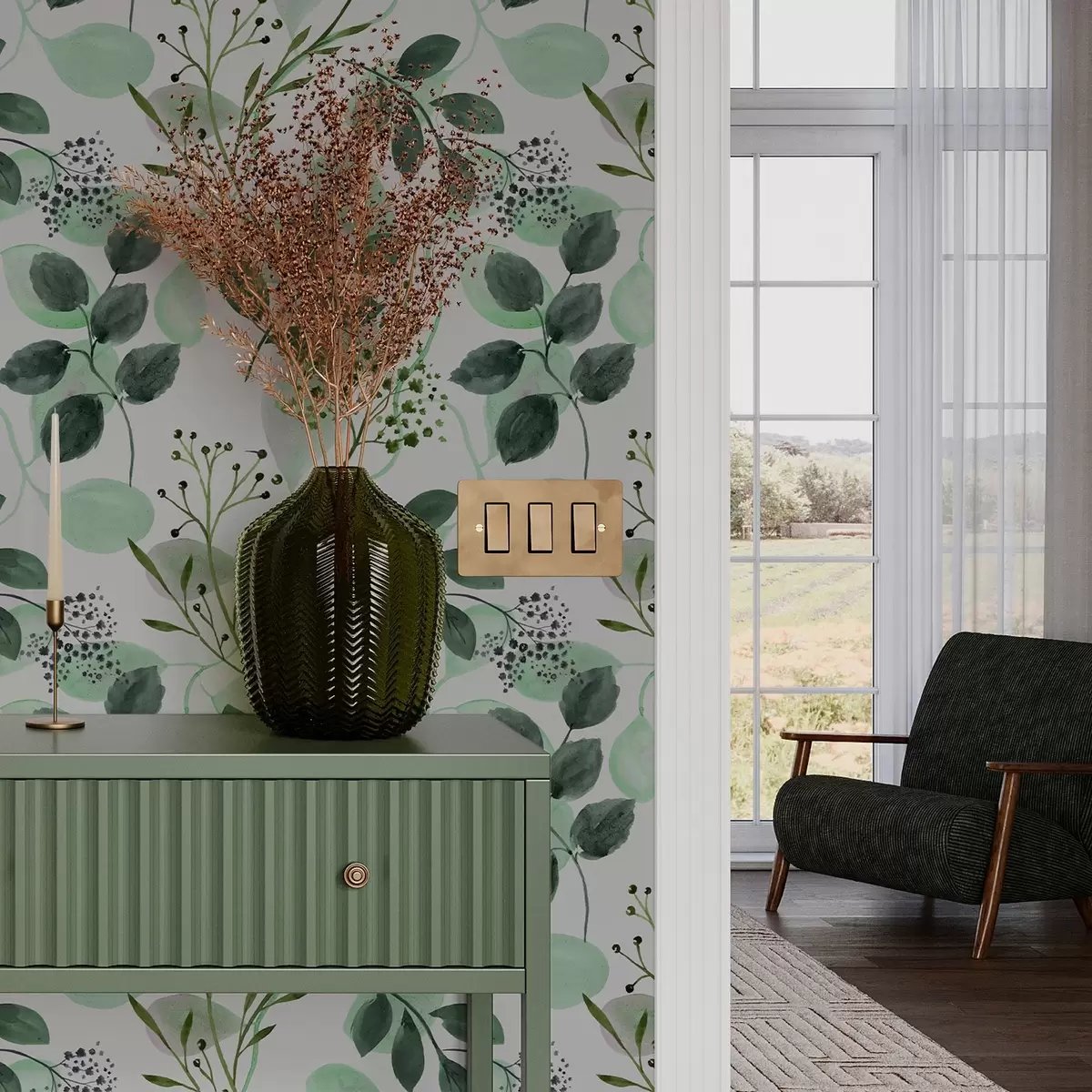 Bakgrund Höstlöv i akvarellstil i gröna toner a00048v1