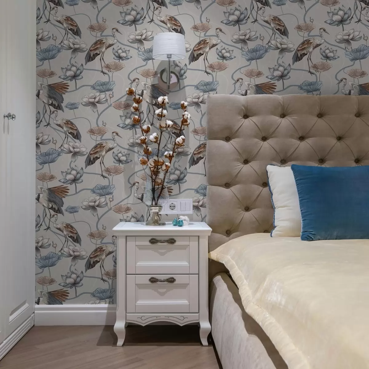 Bakgrund Komposition med tranor och lotusblommor i pastellfärger a00064