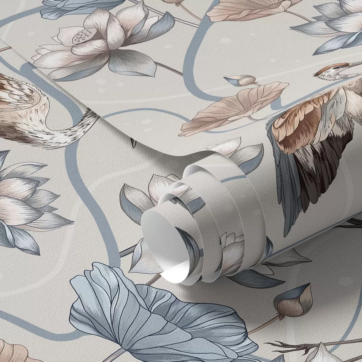 Bakgrund Komposition med tranor och lotusblommor i pastellfärger a00064