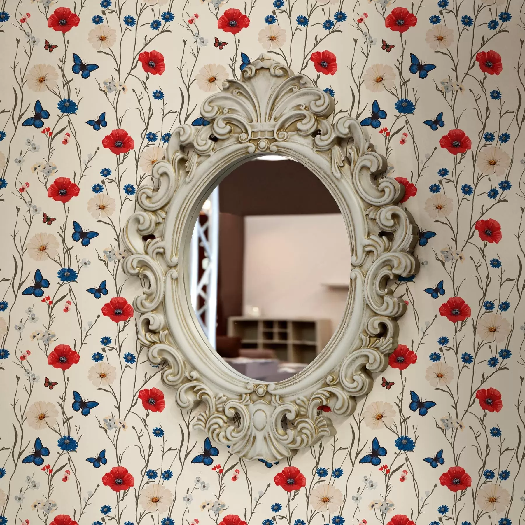 Fototapet Vallmo, prästkragar och fjärilar på vit bakgrund a00072