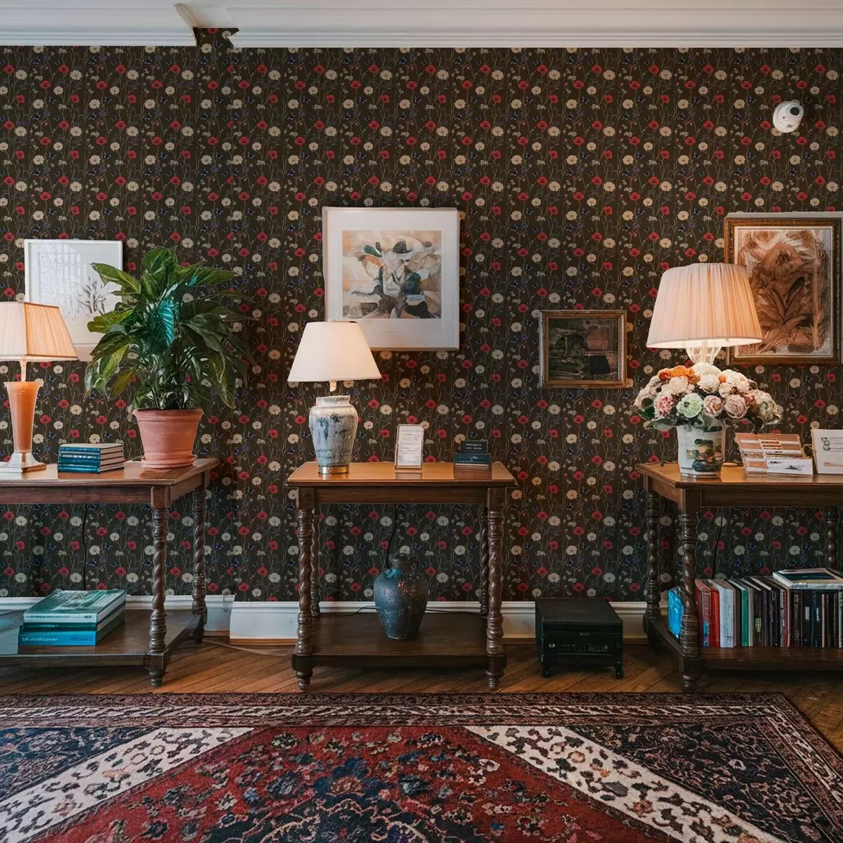 Bakgrund Vallmo, prästkragar och fjärilar på en mörk bakgrund a00072v2