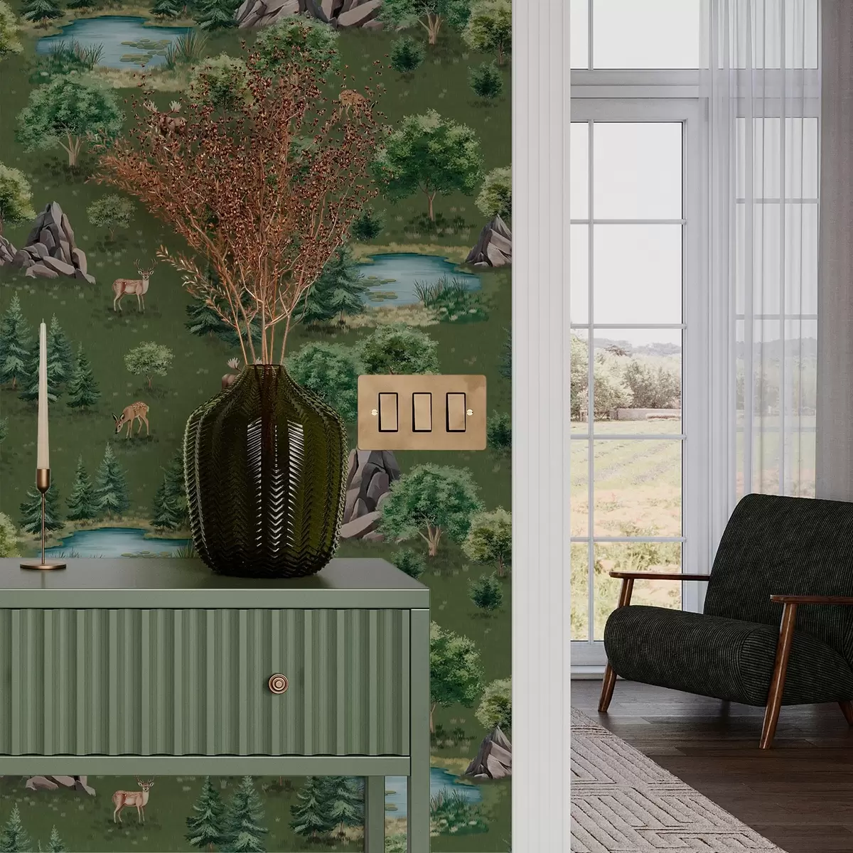 Bakgrund Hjort vid sjön med träd och stenar a00086