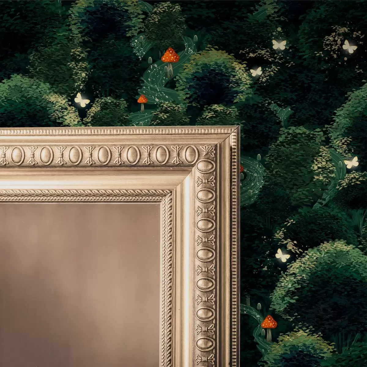 Bakgrund Frodiga trädkronor och färgstarka svampar a00087