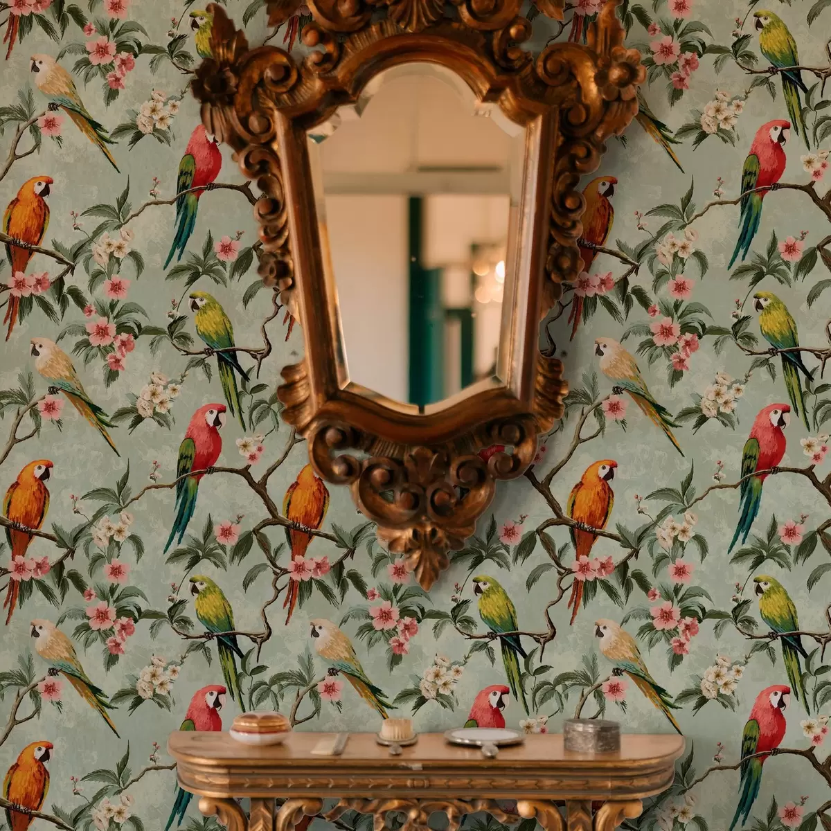 Bakgrund Mångfärgade papegojor på grenar a00088