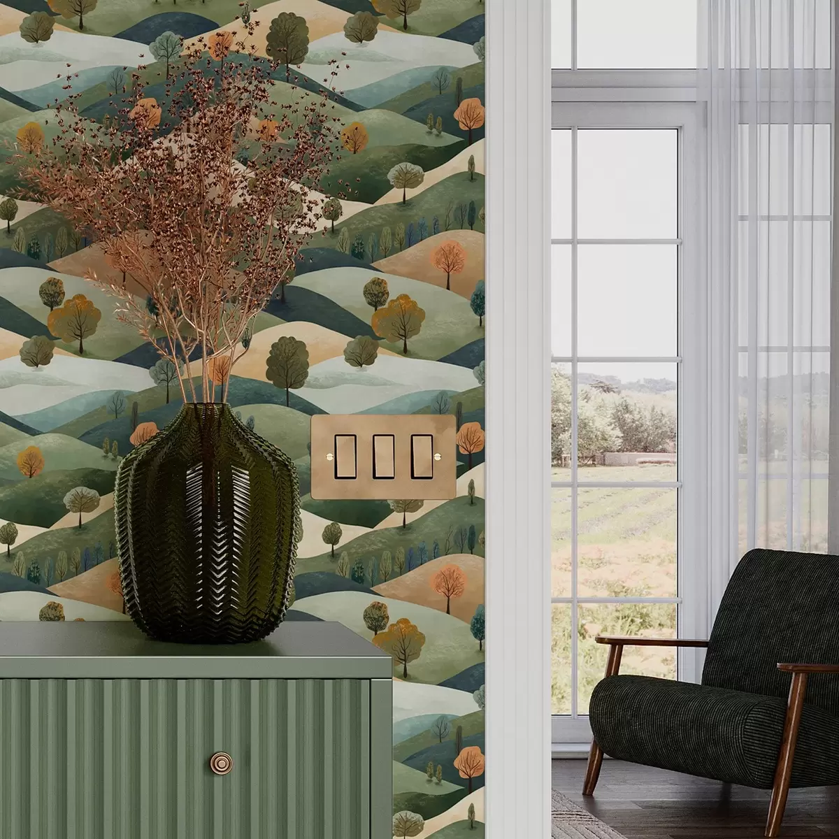 Bakgrund Roliga kullar med träd a00091