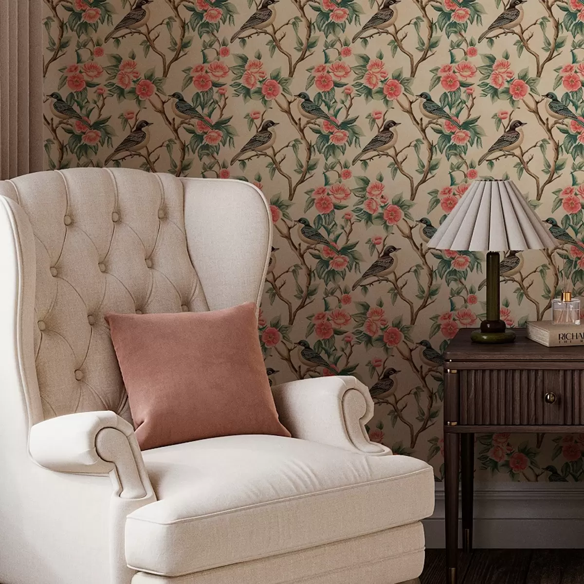 Bakgrund Små fåglar på grenar med blommor mot ljus bakgrund a00093