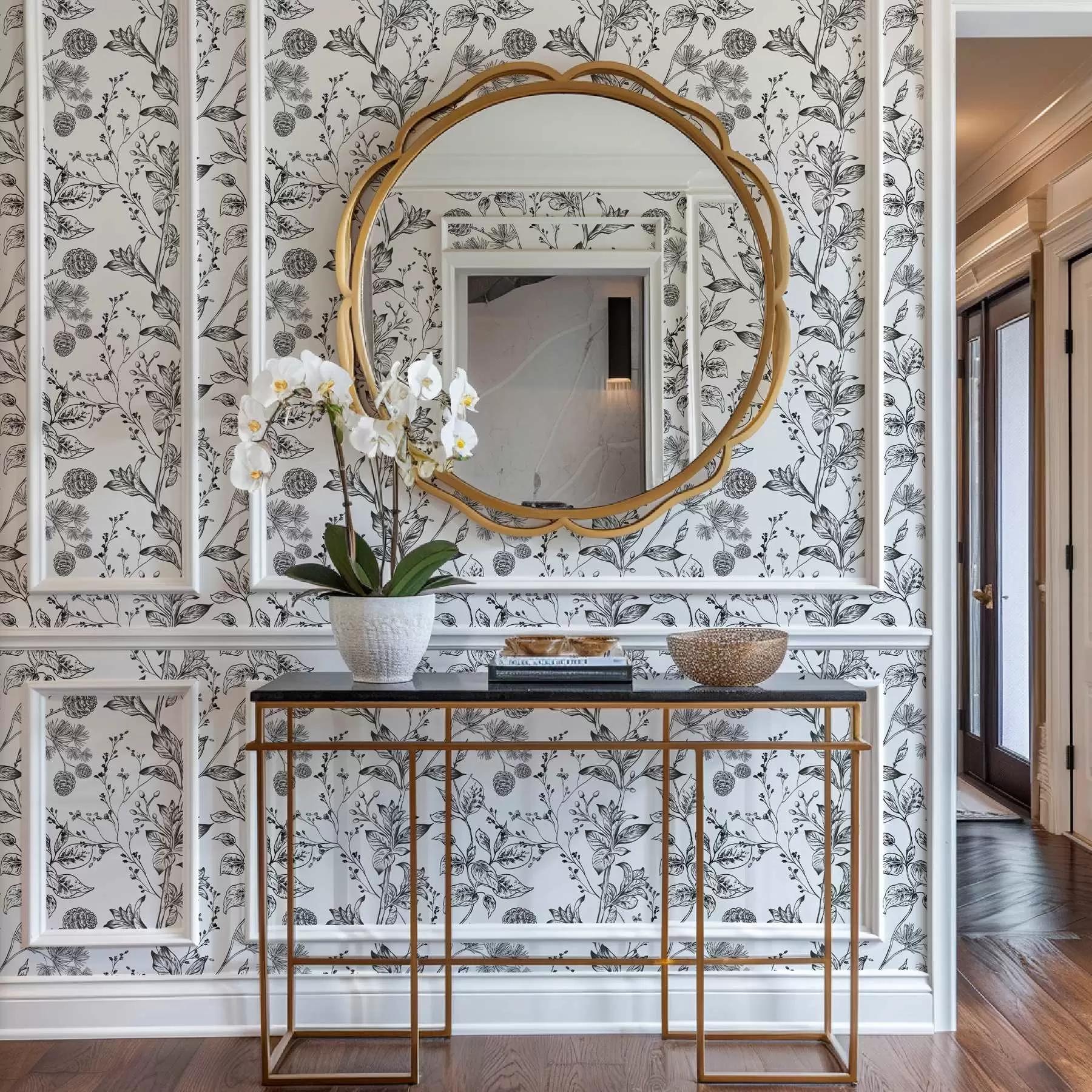 Fototapet Svartvita grenar med löv på vit bakgrund a00098v1