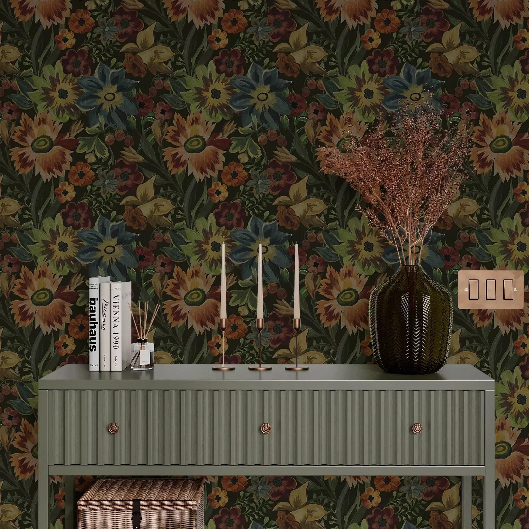 Fototapet Mörka blommor och blad på mörk bakgrund a00100