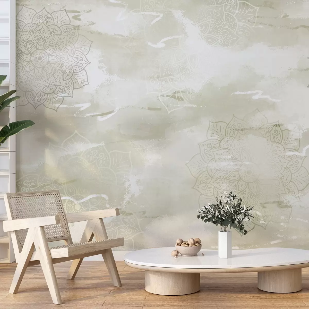 Fototapet Mandalas på pastellfärgad bakgrund, levande penseldrag, gröna färger w03409v2