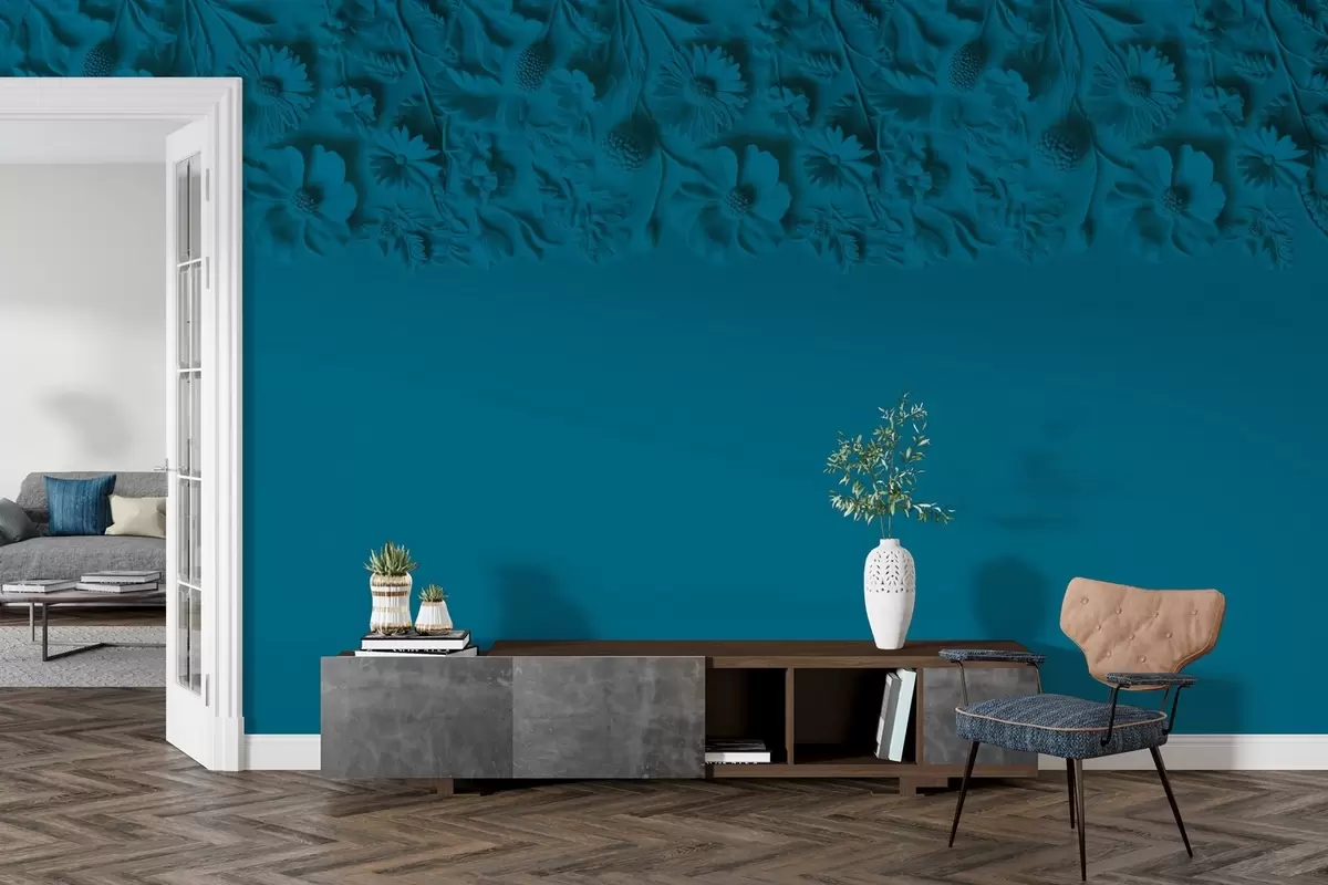 Fototapet Imitation av basreliefblommor på toppen i blågrön färg w03398