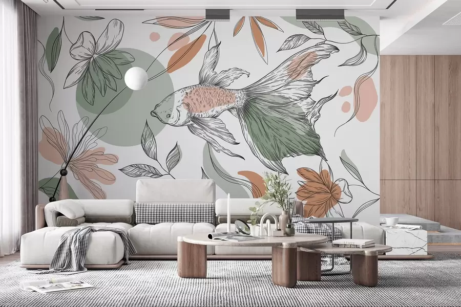 Fototapet Linjeteckning fisk med blommor, minimalism, marin, blommig, naturliga färger w03448