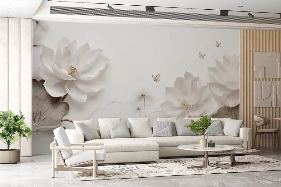 Fototapet Lotusblommor med fjärilar över vatten w03523