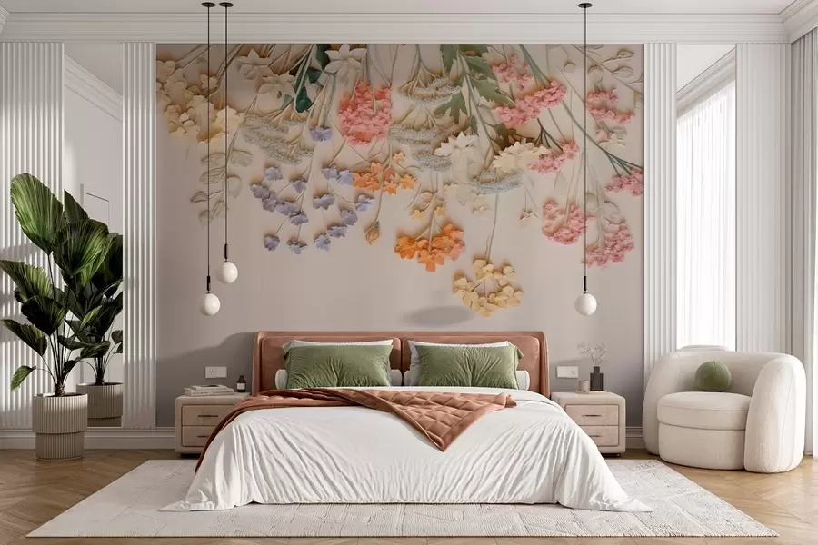 Fototapet Hängande voluminösa vildblommor på en beige bakgrund w08940