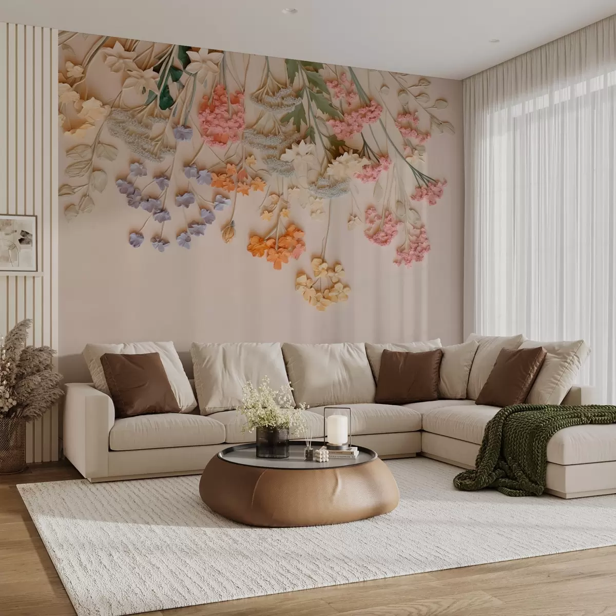 Fototapet Hängande voluminösa vildblommor på en beige bakgrund w08940