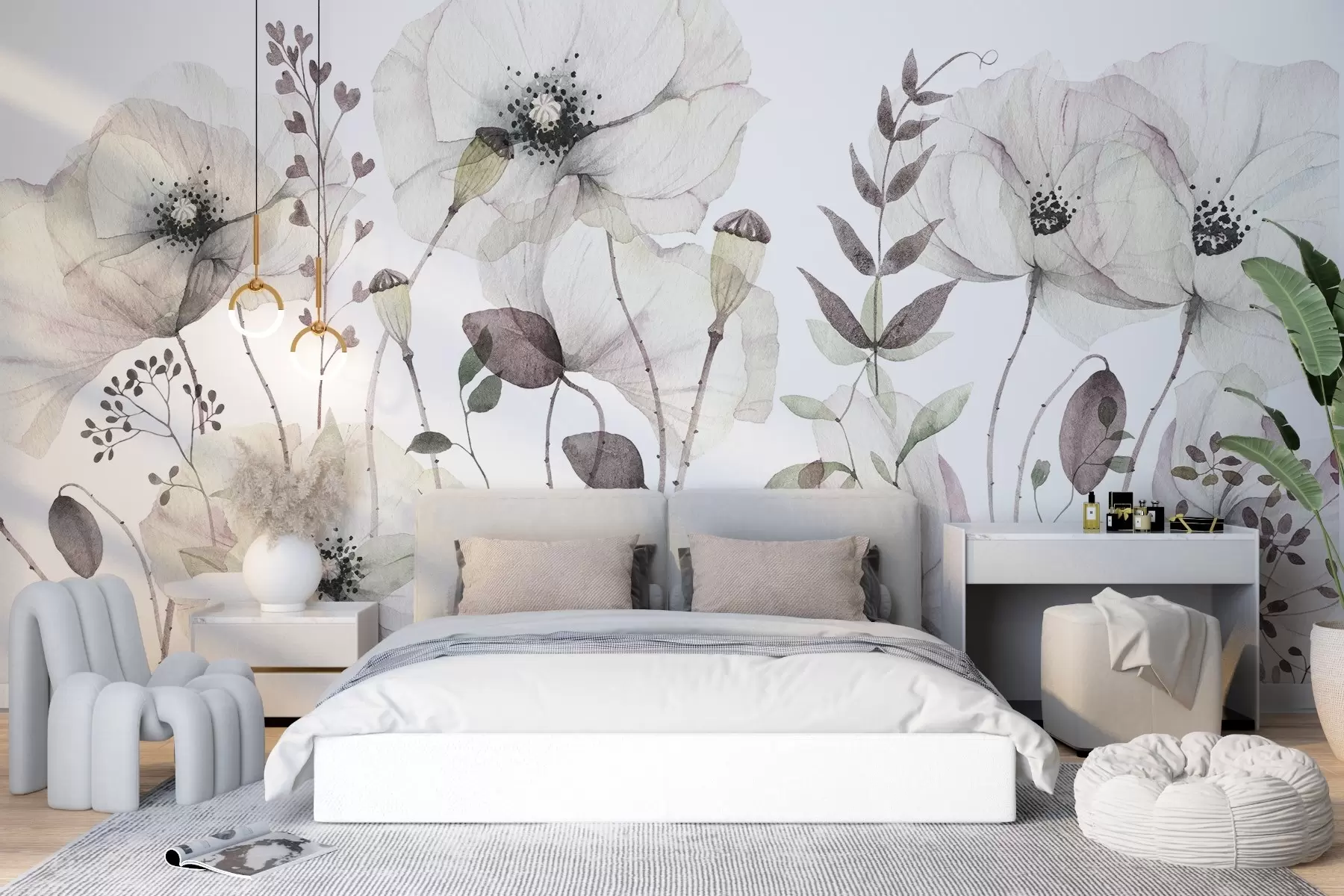 Fototapet Akvarellvildblommor i mjuka naturliga nyanser w03543v1