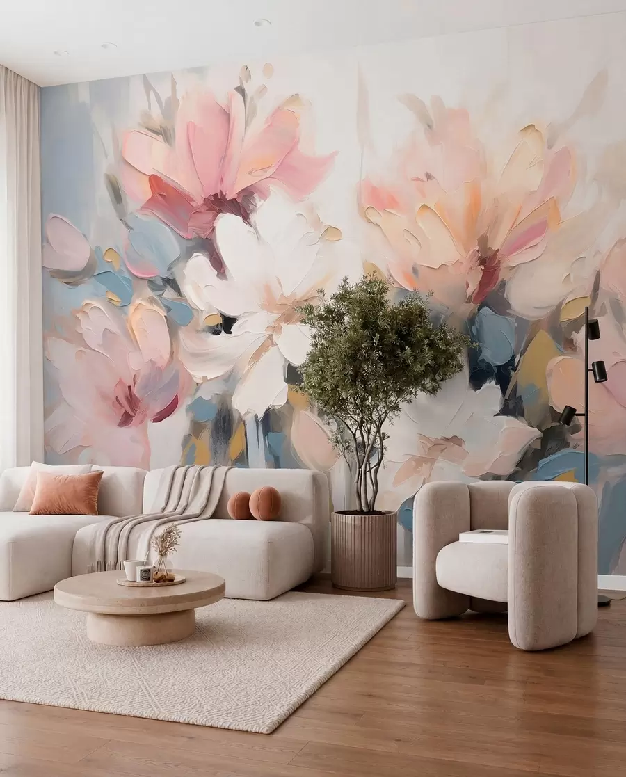 Fototapet Abstrakta blommor i oljemålningsstil i mjuka toner w03575