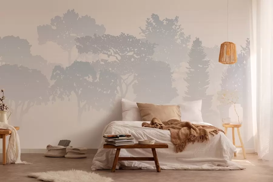 Fototapet silhuetter av träd i dimman av dimma w03451