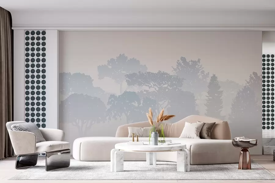 Fototapet silhuetter av träd i dimman av dimma w03451