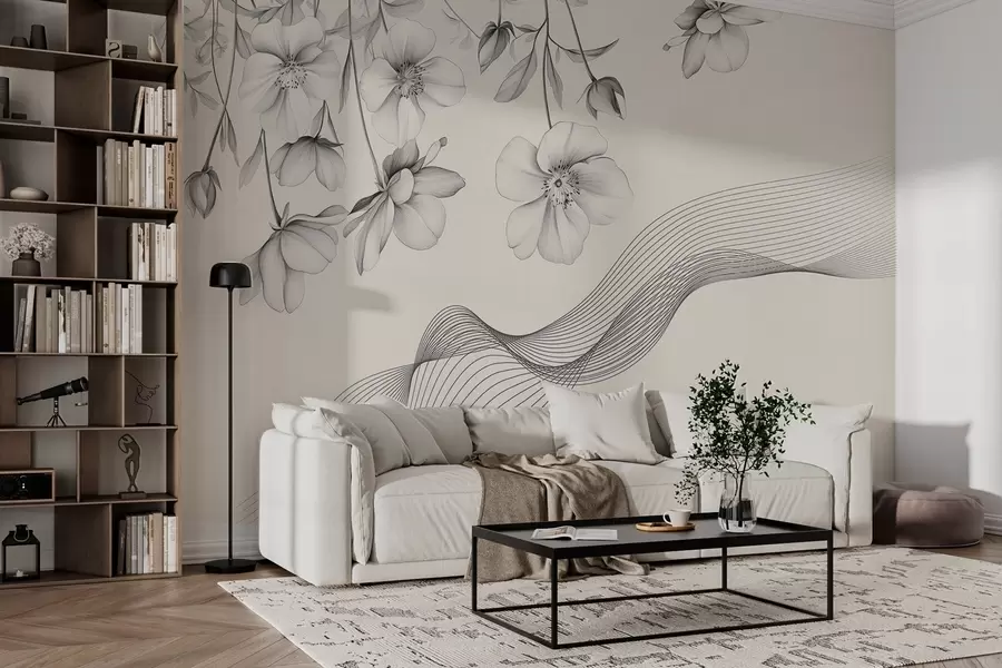 Fototapet grafiska blommor och linjer på en ljus bakgrund w03454