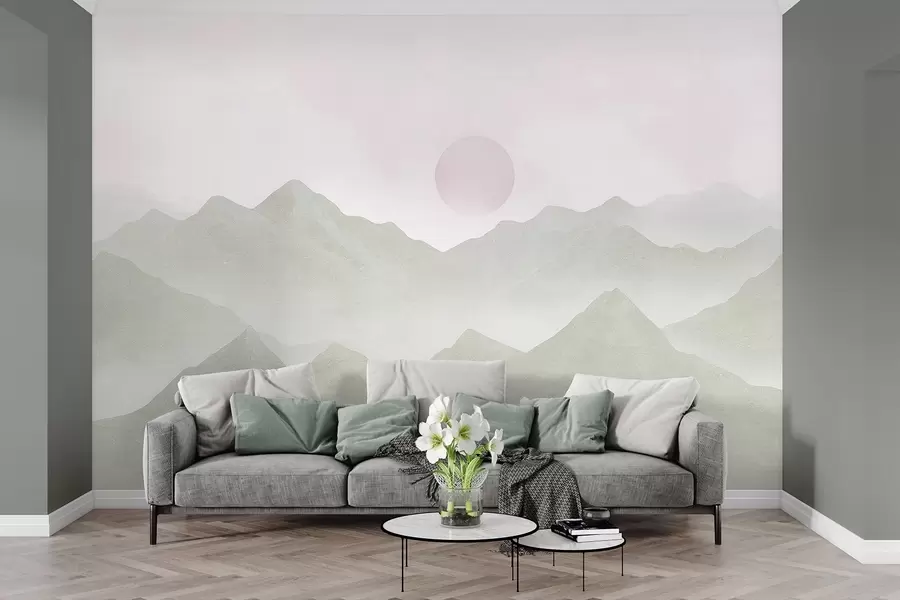 Fototapet Bergslandskap i Boho-stil, solnedgång, mjuk pastell, grönt w03547