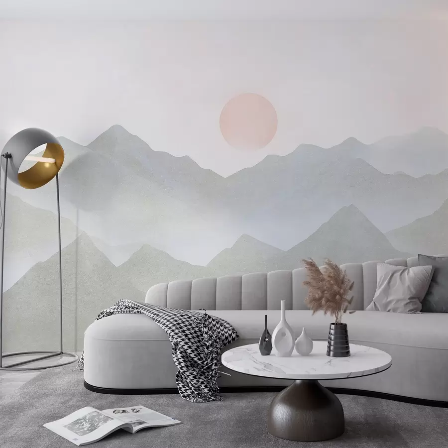 Fototapet Bergslandskap i Boho-stil, solnedgång, mjuk pastell, grå w03547v1