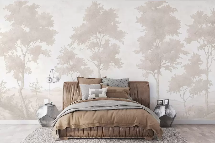 Fototapet Träd på kullen, teckning i pastellstil, beige färger, rustik w03550