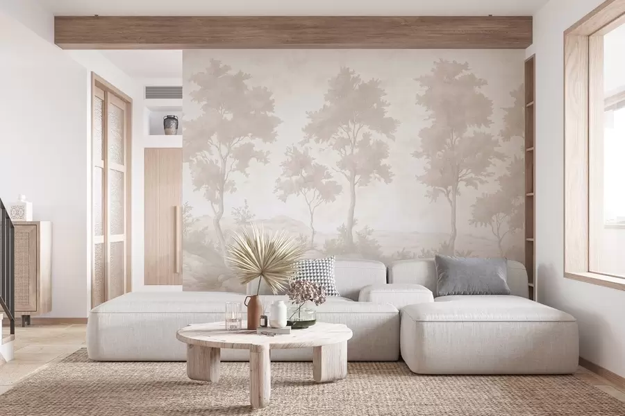 Fototapet Träd på kullen, teckning i pastellstil, beige färger, rustik w03550