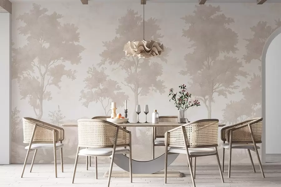 Fototapet Träd på kullen, teckning i pastellstil, beige färger, rustik w03550
