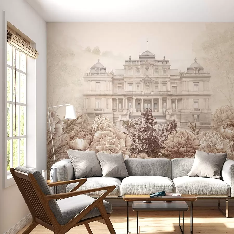 Fototapet Kungligt slott med pionträdgård, akvarellstil, natur, beige färger, boho w03552