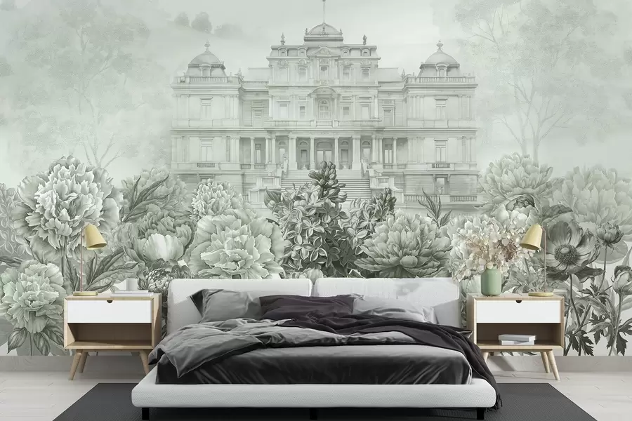 Fototapet Kungligt slott med pionträdgård, akvarellstil, natur, gröna färger, boho w03552v2