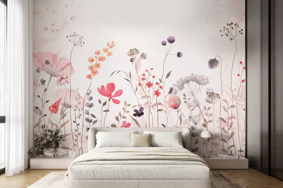 Fototapet Vildblommor i akvarellstil med vallmo, krysantemum, maskrosor och gräs w08956