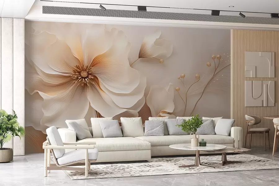 Fototapet Beige och ljusbruna vilda gräs med blommor i beige toner w08960