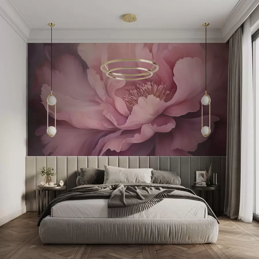 Fototapet Pastellrosa pionblomma på en dimmig bakgrund w03600