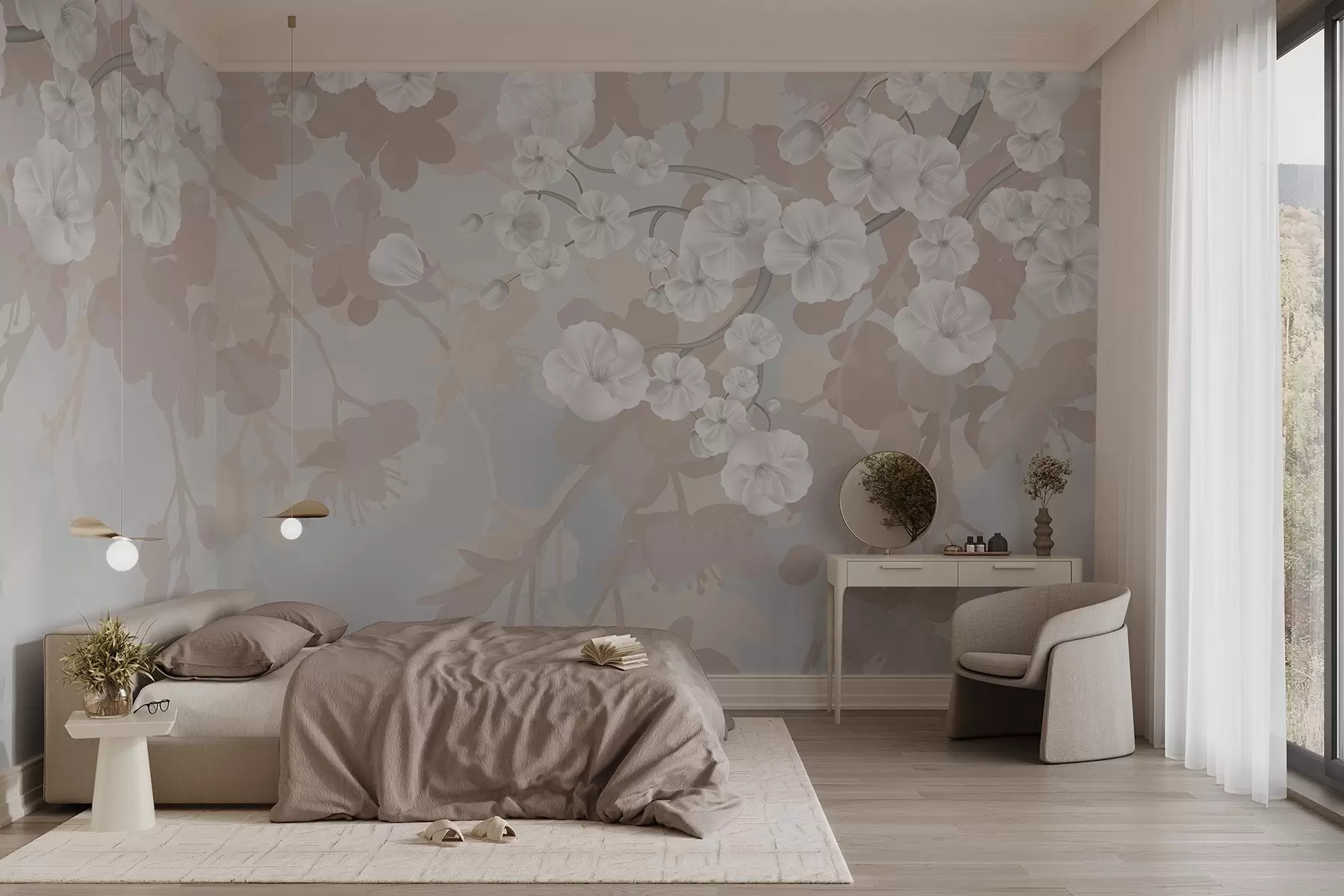 Fototapet Körsbärsblommans grenar med vita blommor och grå blad, på eleganta blomstersilhuetter i mjuka pastellfärger w08973