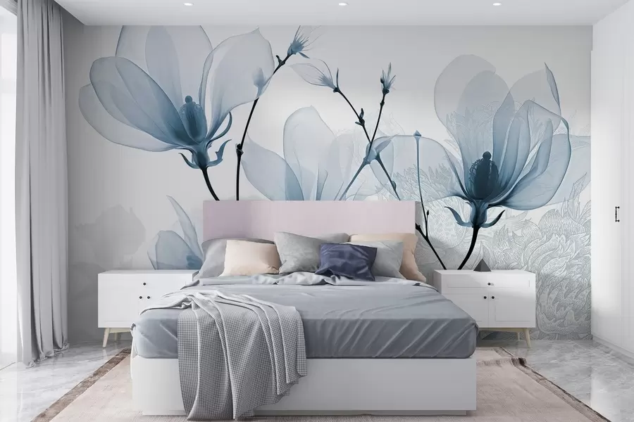 Fototapet Genomskinliga blå magnoliablommor med blomstersilhuetter med skira kronblad och mörka stjälkar w08978