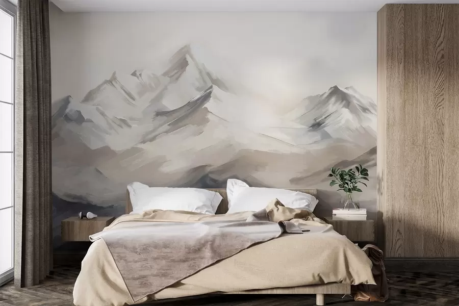 Fototapet Bergslandskap med ljus himmel, penseldrag, neutrala beige och grå färger, bergskedja  w08980