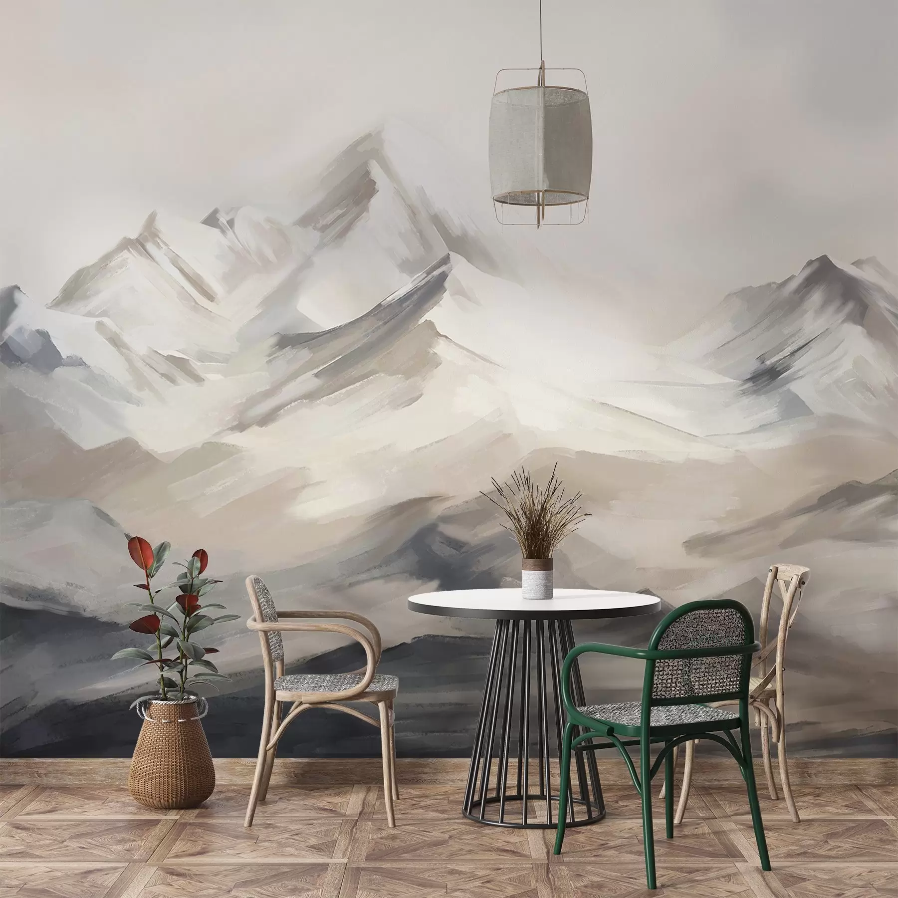 Fototapet Bergslandskap med ljus himmel, penseldrag, neutrala beige och grå färger, bergskedja  w08980