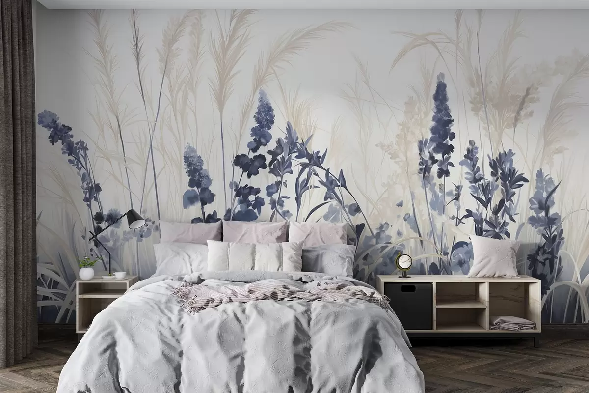 Fototapet Blå blommor och beige vass på ett fält, minimalistisk målningstextur, ljus bakgrund, mjuka färger, fina penseldrag  w08982