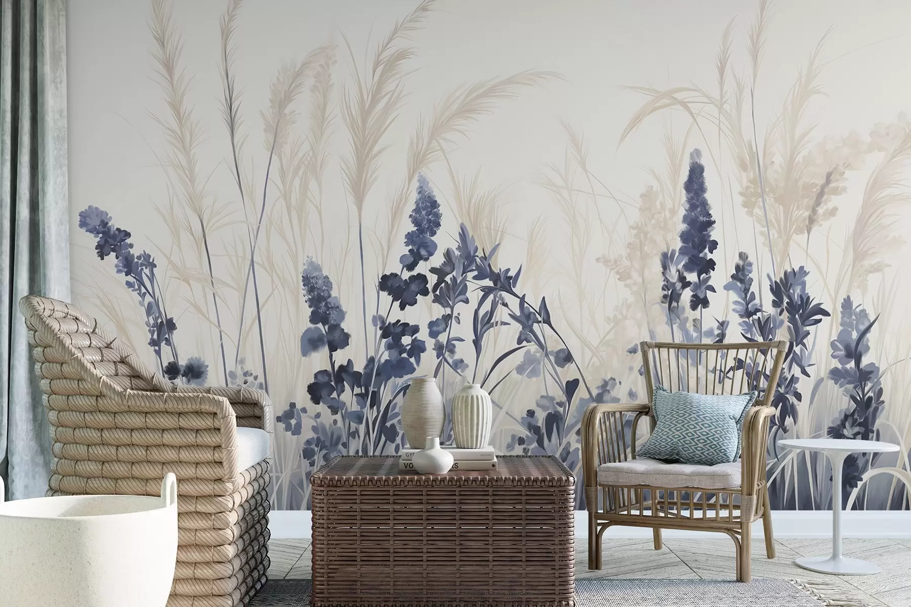 Fototapet Blå blommor och beige vass på ett fält, minimalistisk målningstextur, ljus bakgrund, mjuka färger, fina penseldrag  w08982