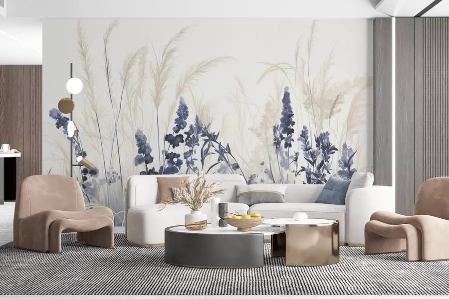 Fototapet Blå blommor och beige vass på ett fält, minimalistisk målningstextur, ljus bakgrund, mjuka färger, fina penseldrag  w08982