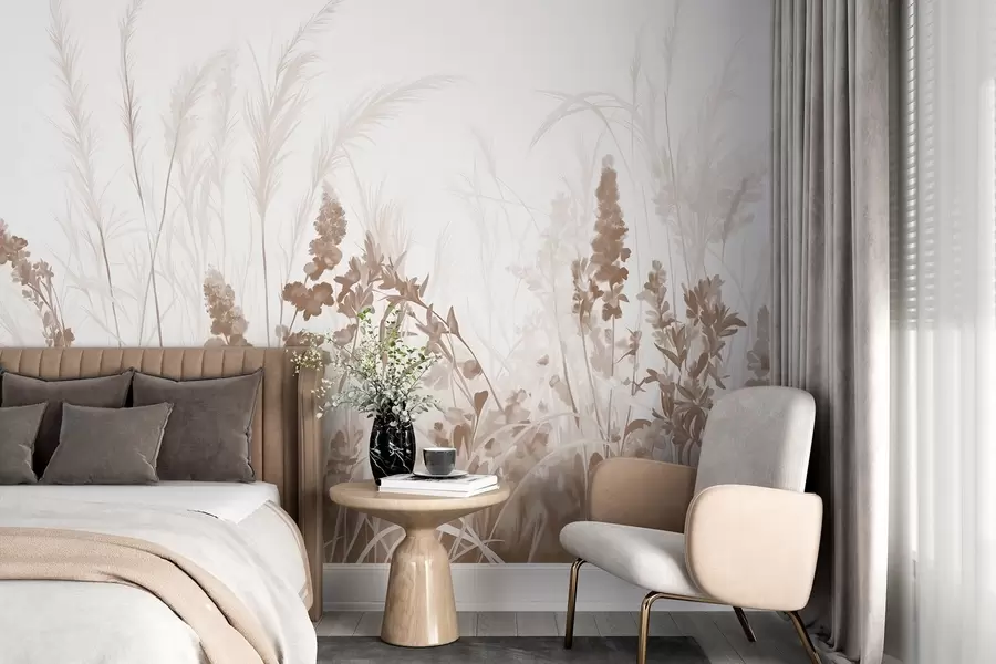 Fototapet Bruna blommor och beige vass på ett fält, minimalistisk målningstextur, ljus bakgrund, mjuka färger, fina penseldrag  w08982v1