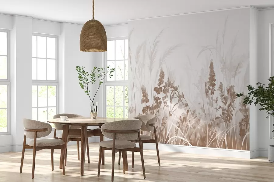 Fototapet Bruna blommor och beige vass på ett fält, minimalistisk målningstextur, ljus bakgrund, mjuka färger, fina penseldrag  w08982v1