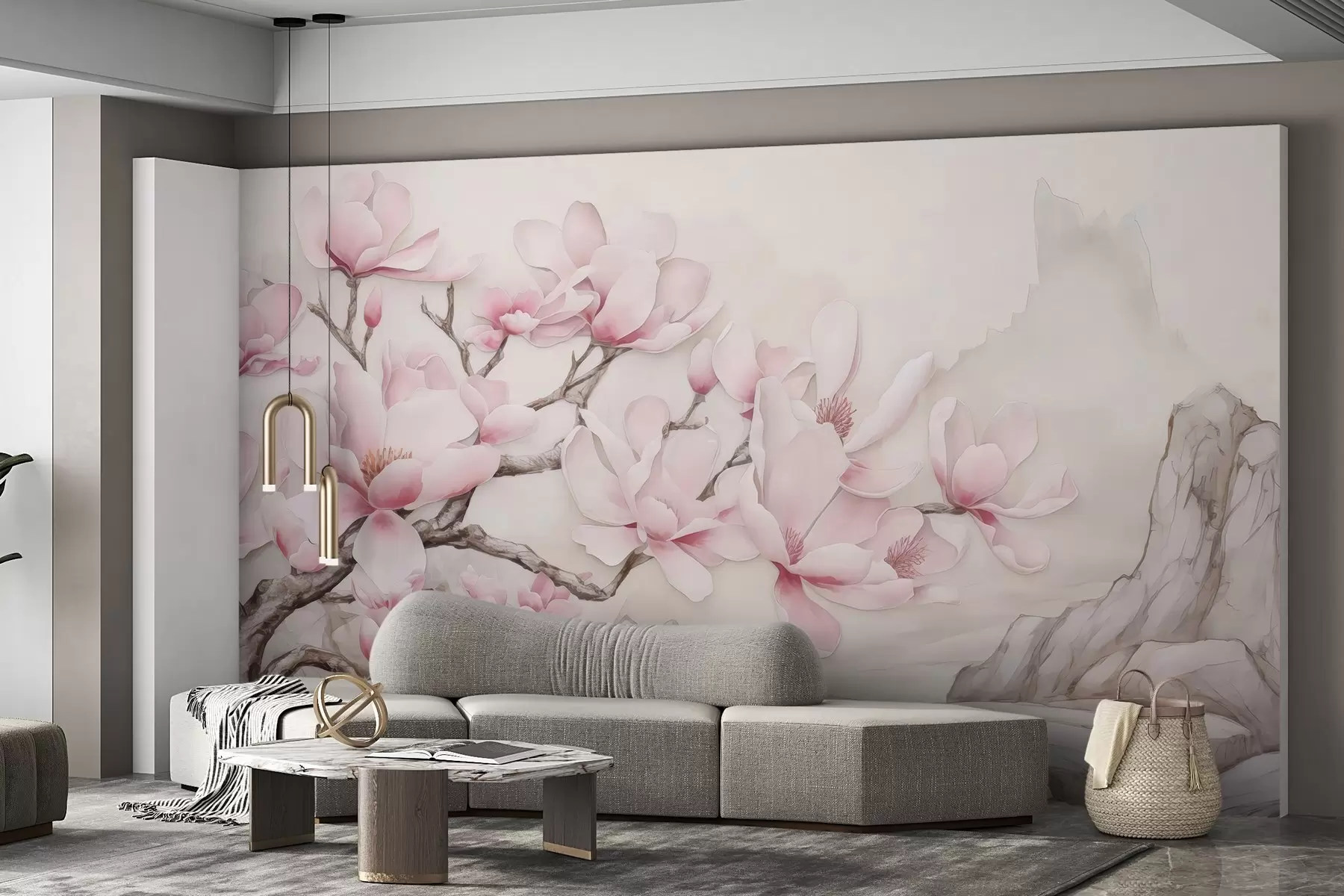 Fototapet Akvarell magnoliagren över en sten w03655