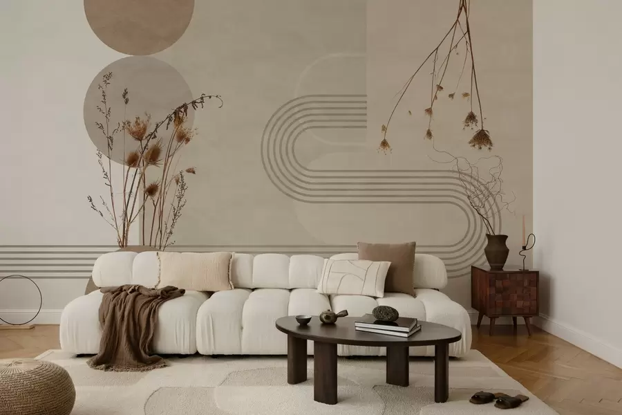 Fototapet snygg geometri och torkade blommor i beige toner w03449