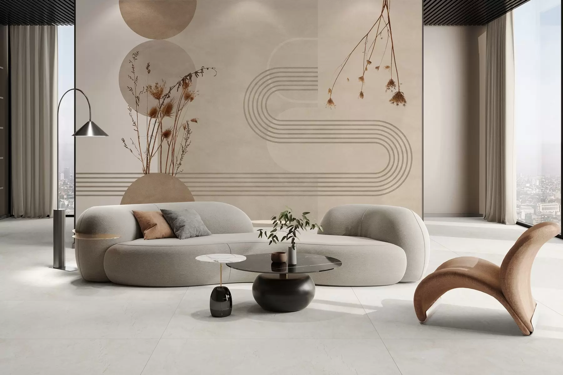 Fototapet snygg geometri och torkade blommor i beige toner w03449