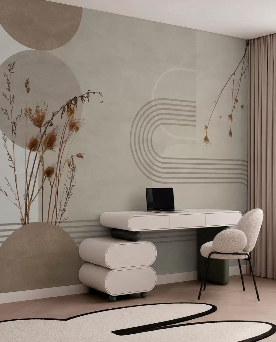 Fototapet snygg geometri och torkade blommor i beige toner w03449