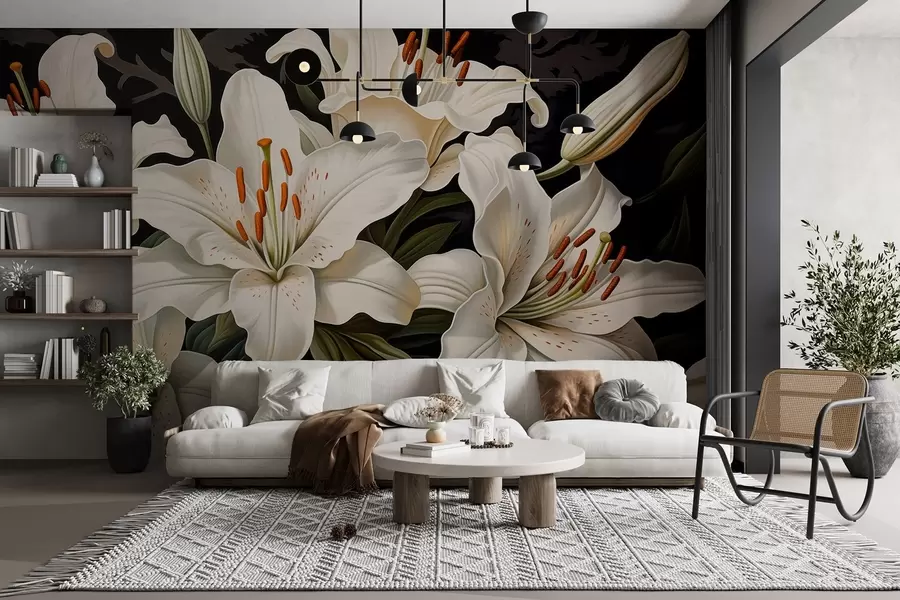 Fototapet Eleganta stora vita blommor på en mörk bakgrund w08983