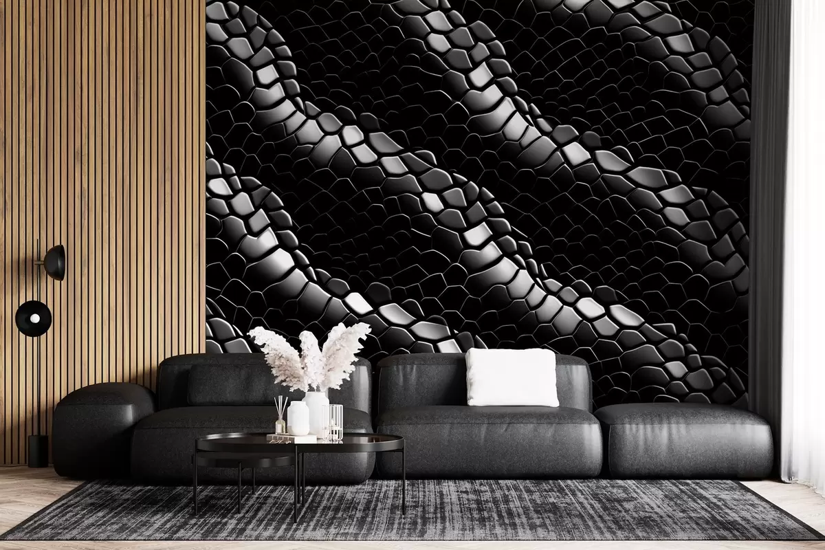 Fototapet Svartvita vågor i ormskinnets struktur w08995